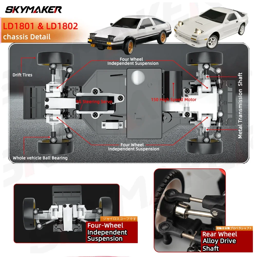 Skymaker AE86 Model LD1801 RX-7 FC LD1802 1:18 RC Drift Car 1/18 2.4G Zdalnie sterowany ESP Gyroskop LED Mini RC Racing Car Toys