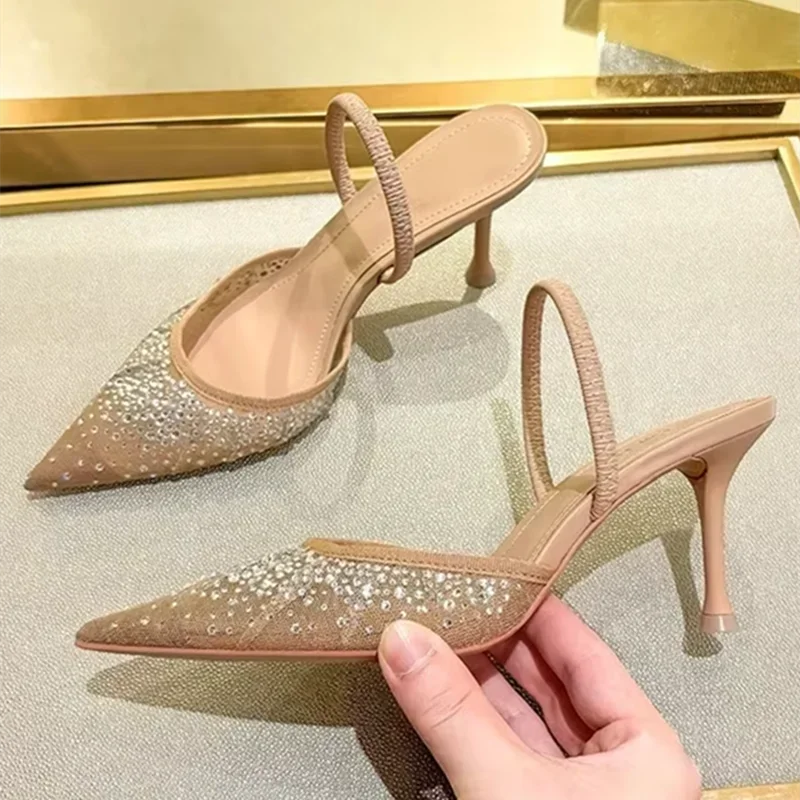 

Luxury Designer Shiny Rhinestone Mesh Heeled Sandals Women Summer Sexy Pointed Toe Slingbacks Thin High Heels Elegant Dress Shoe