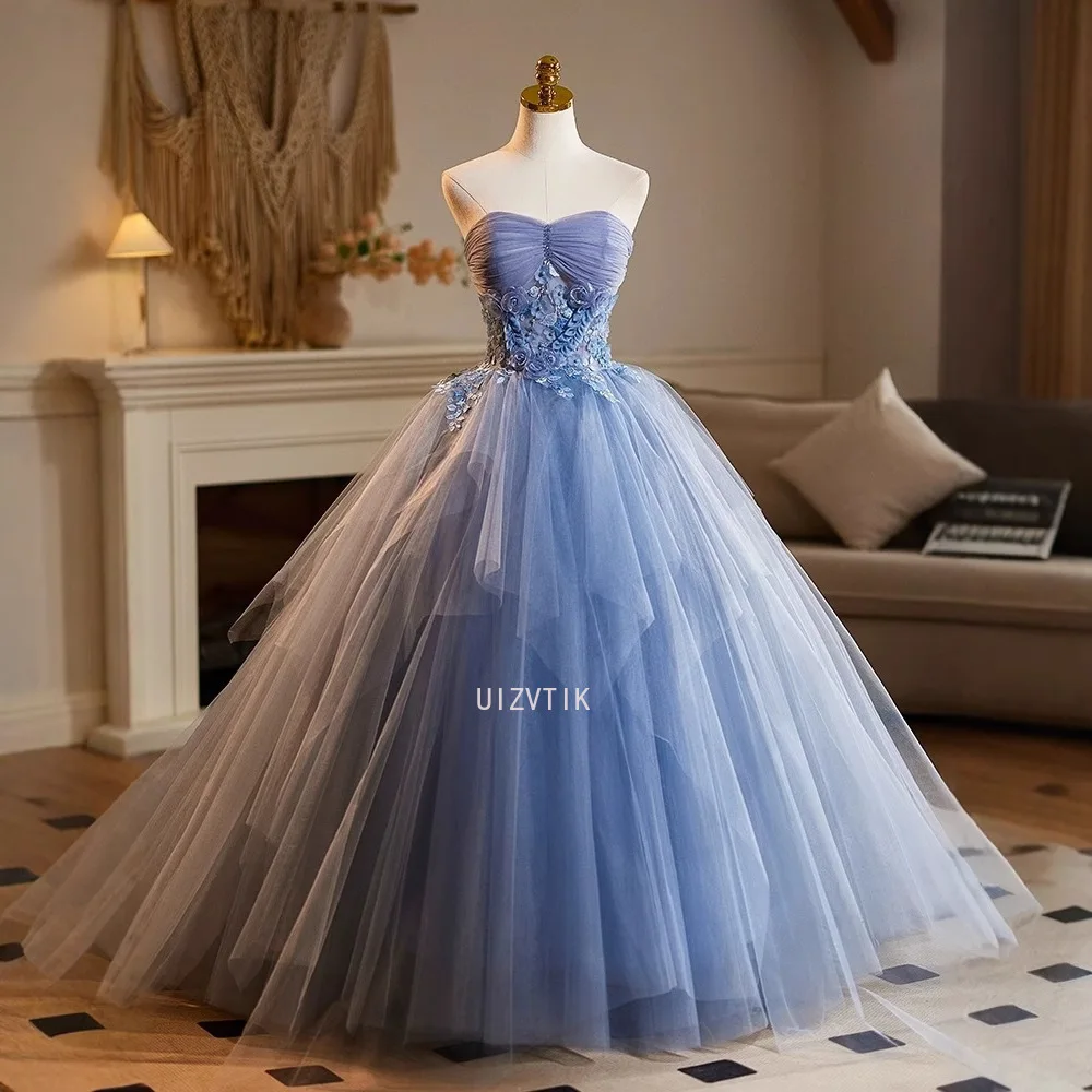 

Sexy Blue Strapless Prom Dress Elegant A Line Applique Celebrity Dresses Women's Evening Dress Sleeveless Formal Gown Customized