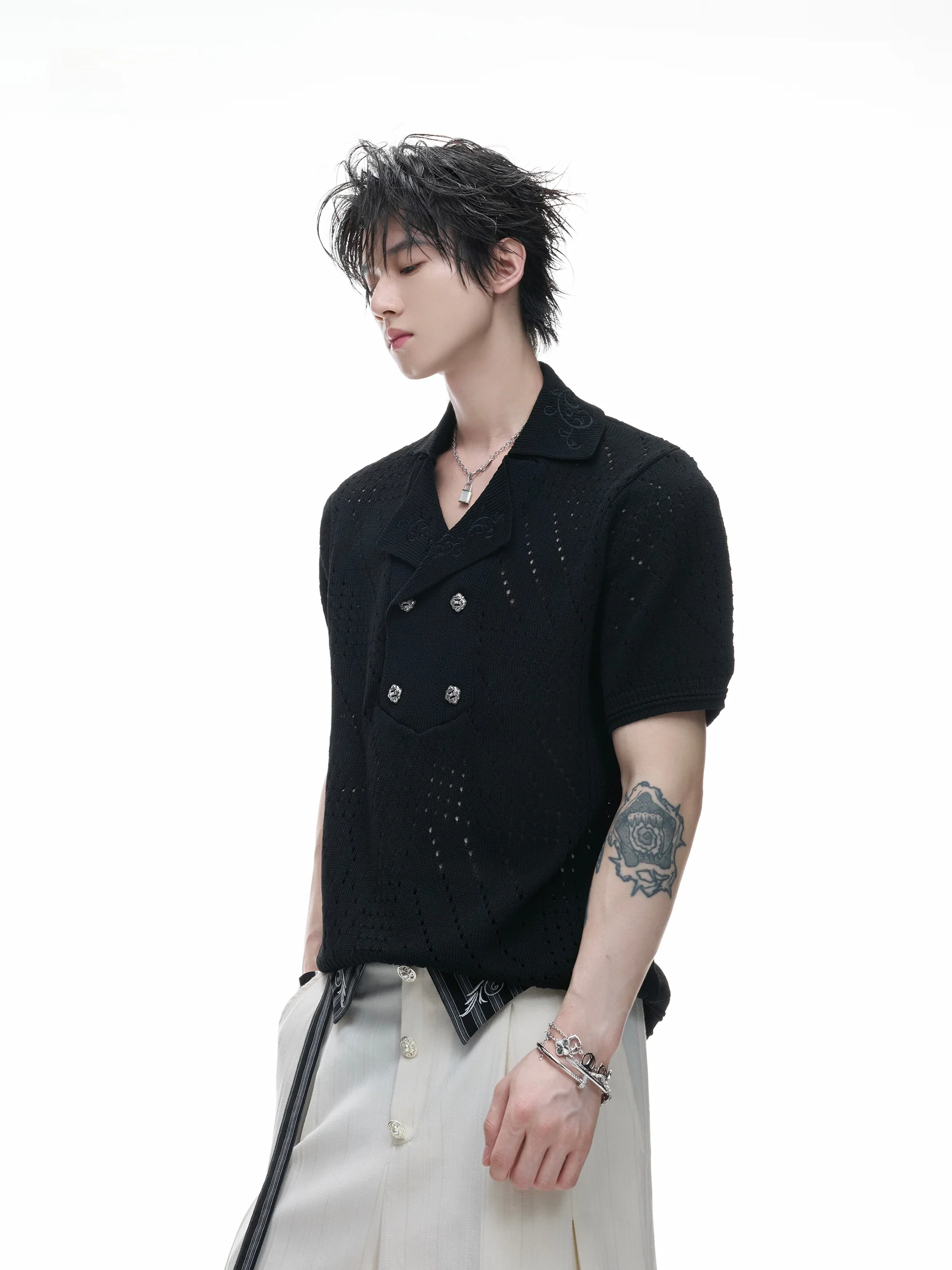 Argueblack Red Label Series Men's Knitted Short Sleeve Top Embroidered Hollow out Design Classic Preppy Style Breathable Summ...