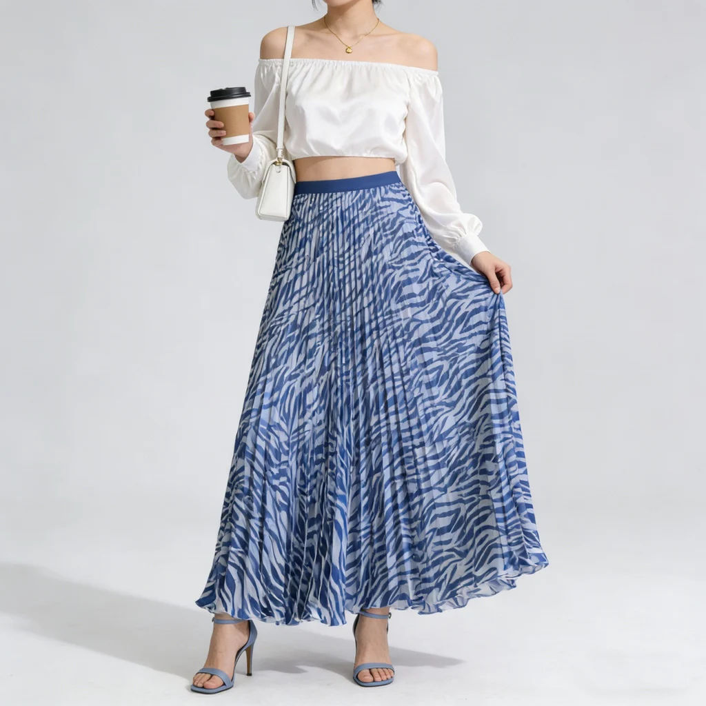 Boho Striped Printed Pleated Skirt Women Summer High Waisted A-line Work Party Dance Beach Long Skirt 2026 New
