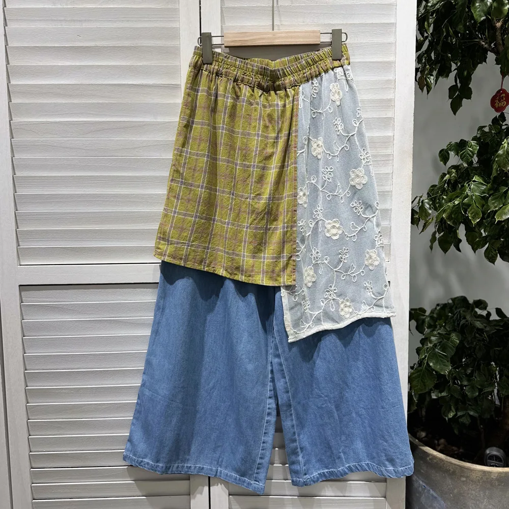 SuperAen Japan Style Vintage Plaid Patchwork Lace Jeans Autumn New Drawstring High Waist Loose Sweet Skirt Pants