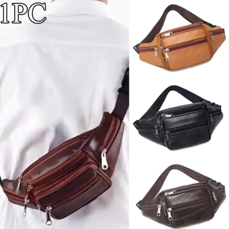 

Men Leather Waist Bag Multi-Pocket And Multiple Zipper Belt Bag Adjustable Belt Fanny Pack Shopping Phone Bags