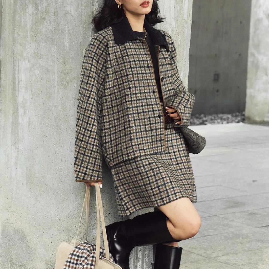 25 Autumn Winter New Wool Knit Plaid Set Brown Jacket Mini Skirt Women Casual Outfit clothes for women