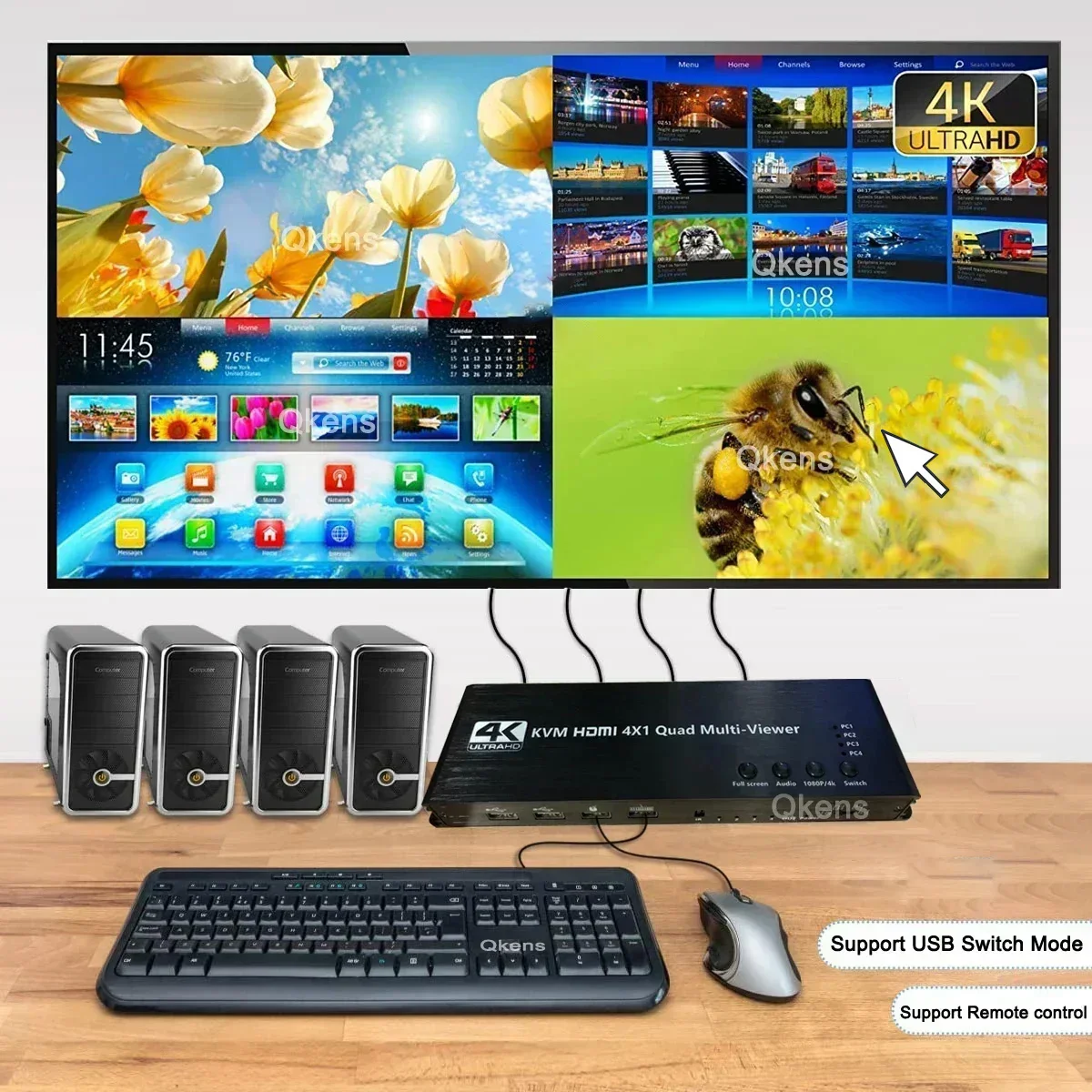 1080p 4K HDMI Multi-Viewer 4x1 KVM HDMI Quad Multiviewer 4 IN 1 OUT Seamless Switch Support 4 Laptop PC Share Mouse and Keyboard