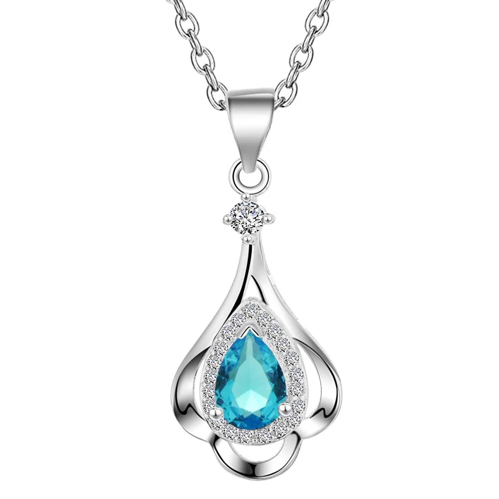 

925 Sterling Silver Necklace Pendant Water Droplet for Women Wedding Engagement Jewelry Crystal Zirconium Fashion Gift