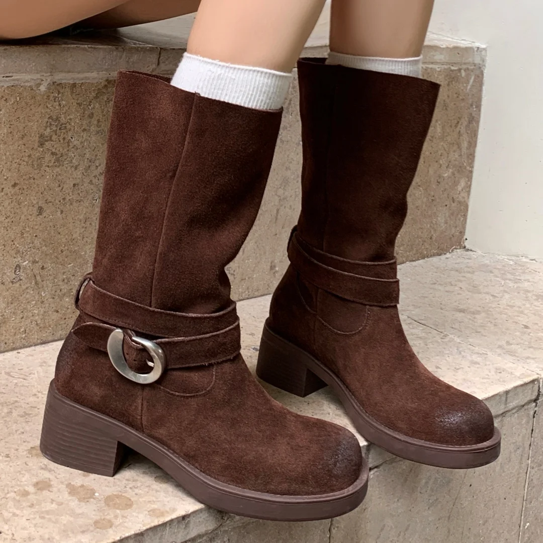 

Women's natural suede leather 5cm chunky heel platform slip-on mid-calf boots ankle buckle casual female punk half boots shoes