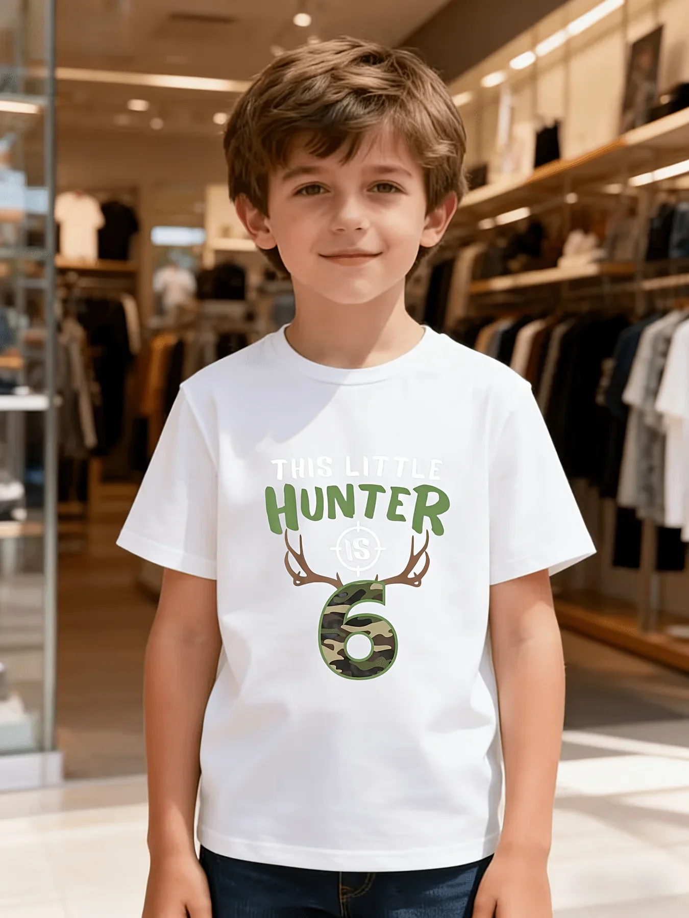 Boys 6th Birthday T Shirt This Little Hunter Camo Number 6 Deer Antler Graphic Short Sleeve Kids Hunting Theme Birthday Party Te