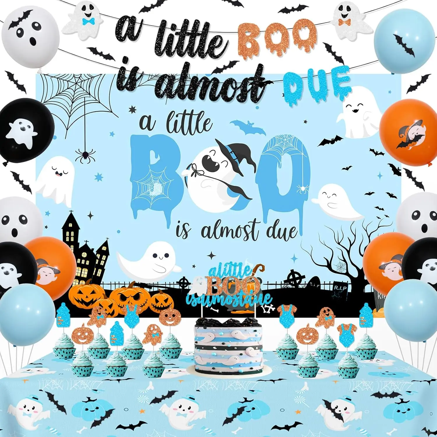 

Sursurprise A Little Boo Is Almost Due Decor Blue Orange with Halloween Baby Shower Backdrop Cake Topper Spider Wall Sticker