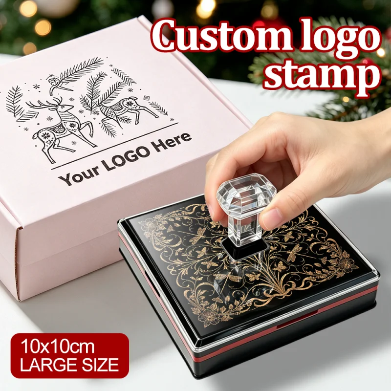 Large Square Self-Inking Rubber Stamp, Diamond Crystal Handle, Custom Logo for Halloween Bags & Party Paper Crafts