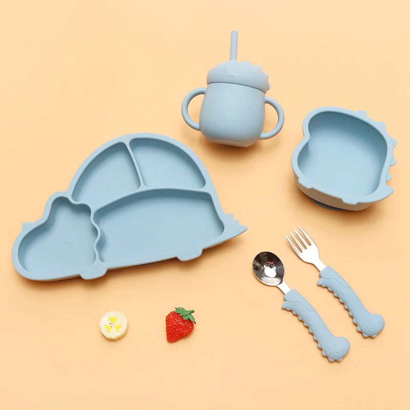 Dinosaur Silicone Tableware Set Stegosaurus Plate Bowl Cup Fork Spoon Kids Baby Food Feeding Dinnerware Set