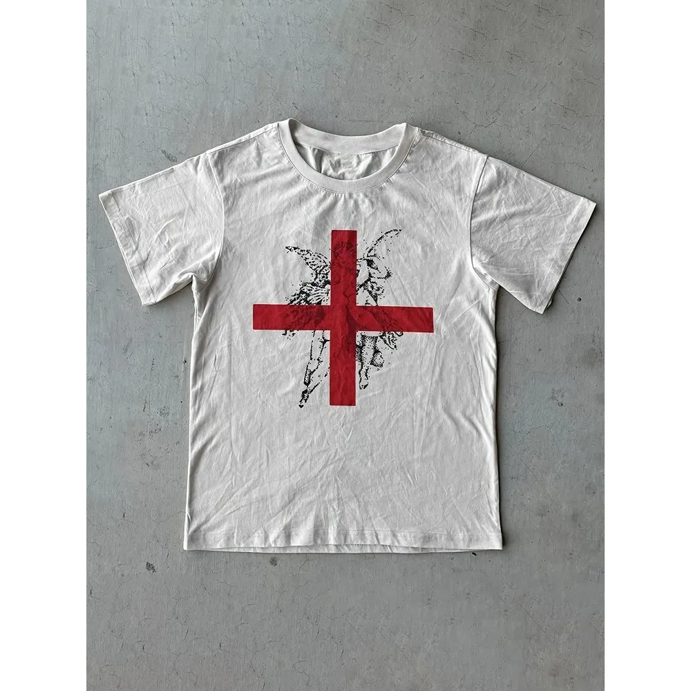 Dark Gothic Subculture Red Cross Printed T-shirt for Men, Summer New Style Suitable for Both Men and Women, Streetwear