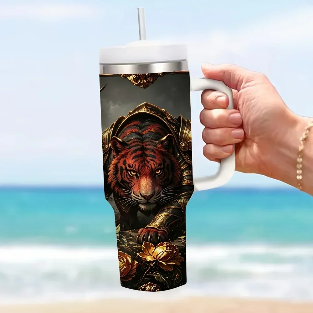 40Oz Tumbler with Handle, Cool Battlefield Armored Tiger Warrior Print Insulated Cup, Keeps Drinks Hot Or Cold, Suitable for Adults for Outdoor Activities And Daily Use