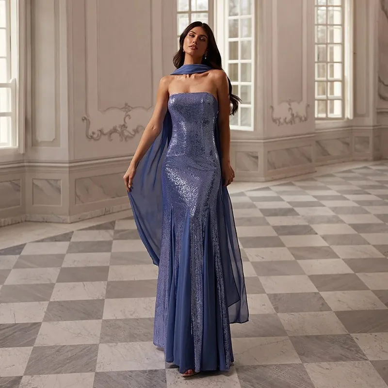 

New Sequined Top Fashion Long Dress Women Ruffle Evening Dress