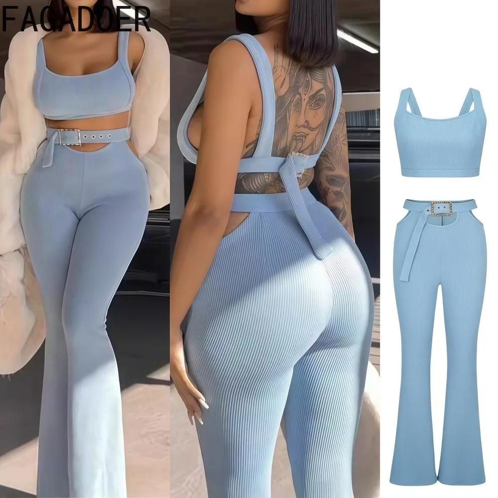 

FAGADOER Sexy Rib 2 Piece Sets Woman Outfit Sleeveless Tank Top and Cutout Waist with Belt Wide Leg Flare Pants Female Tracksuit