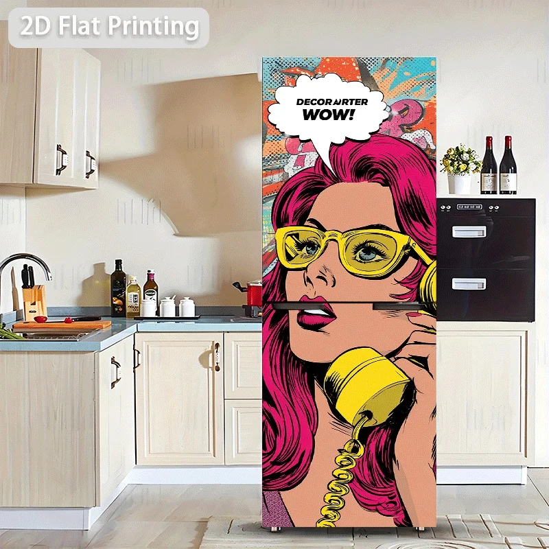 of Refrigerator Sticker Measuring Featuring a Woman with Magenta Hair Wearing Yellow Glasses And Holding a Yellow Phone, Set A