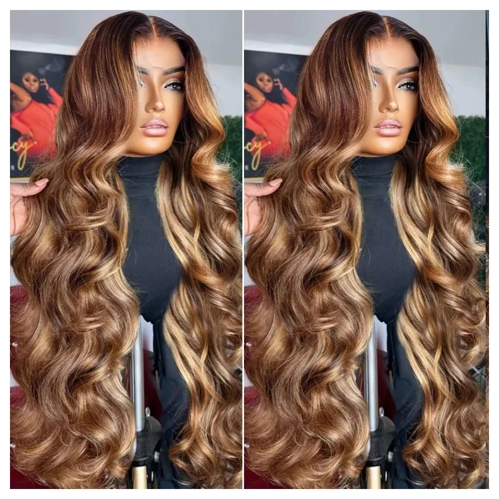 4/27 Highlight Body Wave 13x6 Lace Front Wig Human Hair Water Wave 34 inch HD Transparent 13x4 Lace Frontal Wig For Women