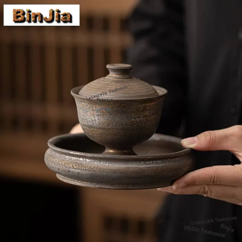 

160ml Antique Kiln Change Gilding Gaiwan Zen Dry Soaking Plate Tea Tureen Tea Maker Cover Bowl Cafes Tea Accessories Ornaments