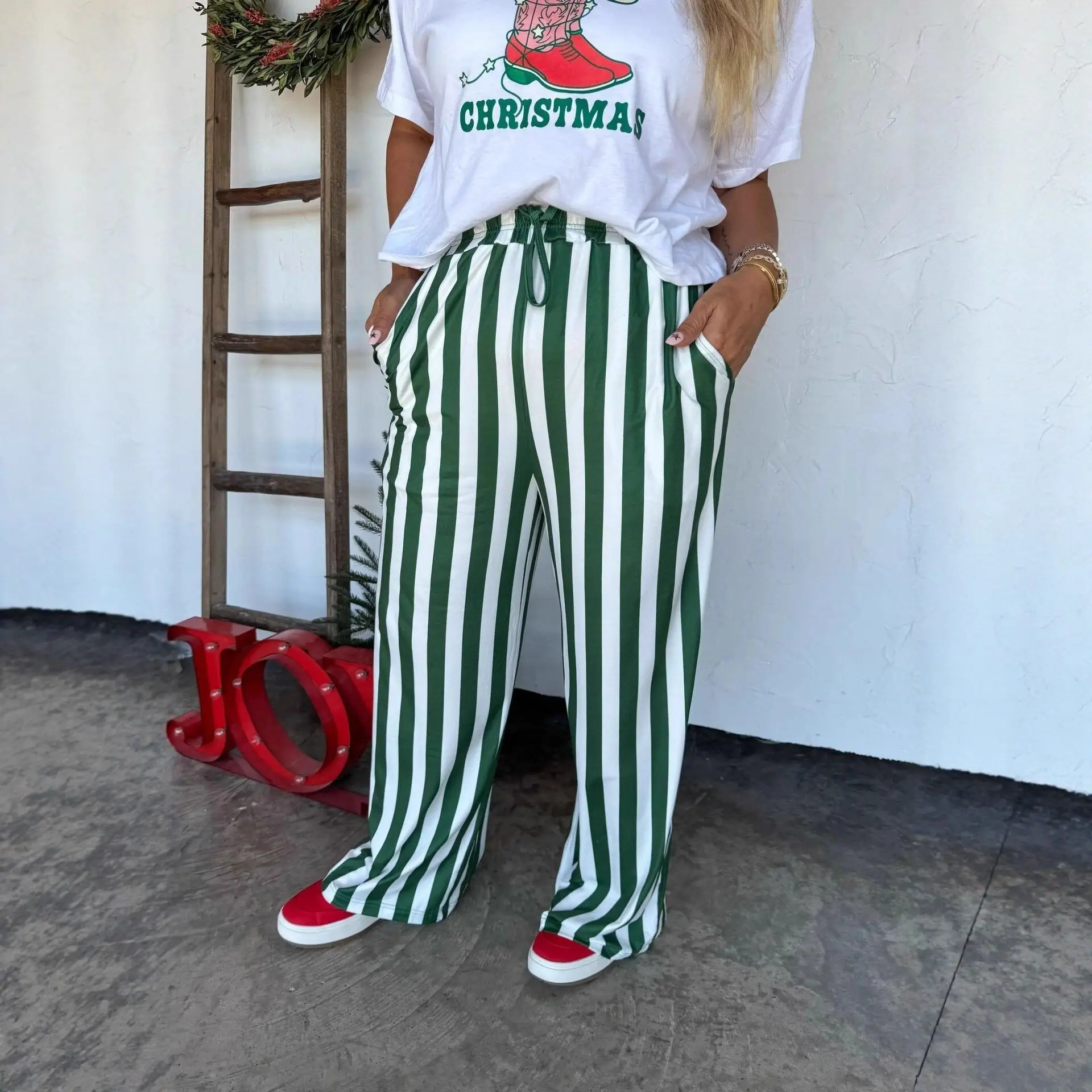 Loose Casual Striped Print Long Pants Straight Leg Trousers for Women Spring Summer New Style Cross-Border High Waist Polyest...