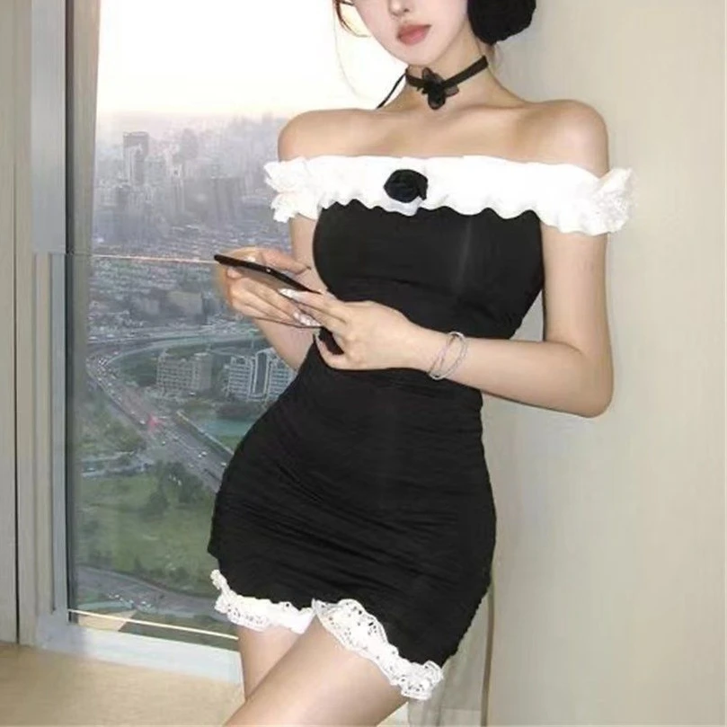 

Women Elegant Two Piece Set Off Shoulder Ruffle Mini Dress and Rose Choker Slim Fit Suit French Style Summer Party Outfit 2025
