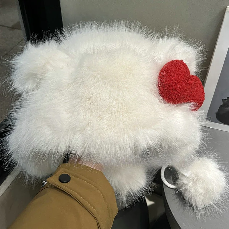 Kawaii Plush Thick Warm Cartoon Hat Sweet Bow Hats Winter Women Anime Bowknot Cute Warm and Ear-Protecting Lei Feng Cap