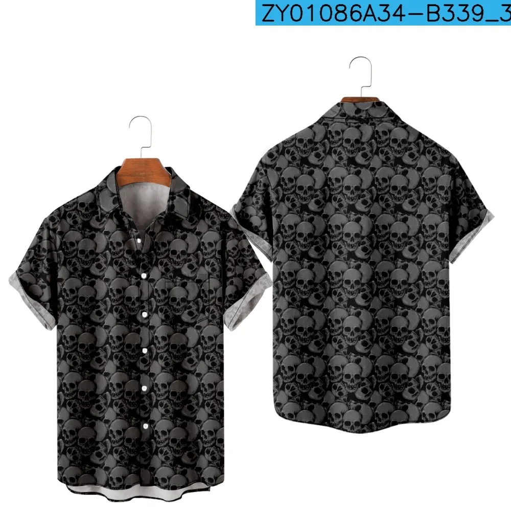 Hawaiian Men's Short Sleeved T-shirt with 3D Skull Print, Comfortable and Casual Oversized Button Up Collar Shirt, Clothing