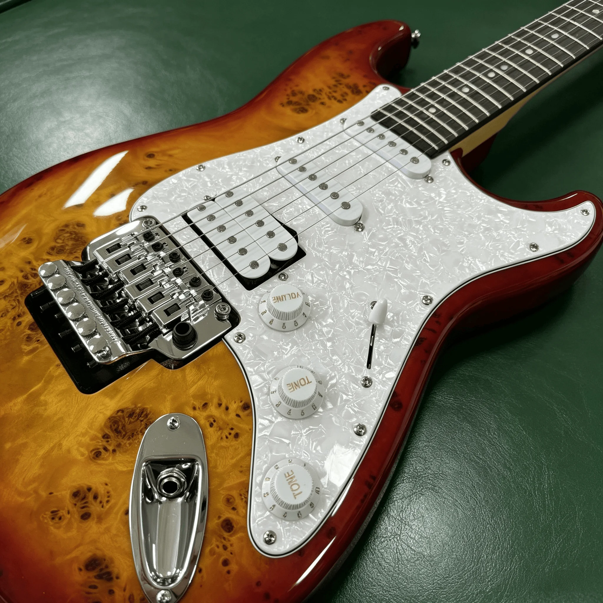 US Warehouse Burled Wood Sunset Gradient Electric Guitar Double Locking Tremolo System HSH Pickup Configuration White Pearl Pickguard Rosewood Fretboard Gloss Burl Veneer Finish In Stock Free Shipping