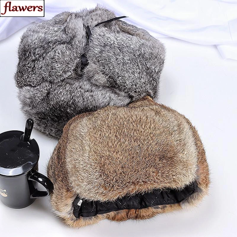 

New Men Russian Winter Real Rabbit Fur Bomber Hat Super Warm 100% Natural Rabbit Fur Hats Male Full Pelt Genuine Rabbit Fur Cap