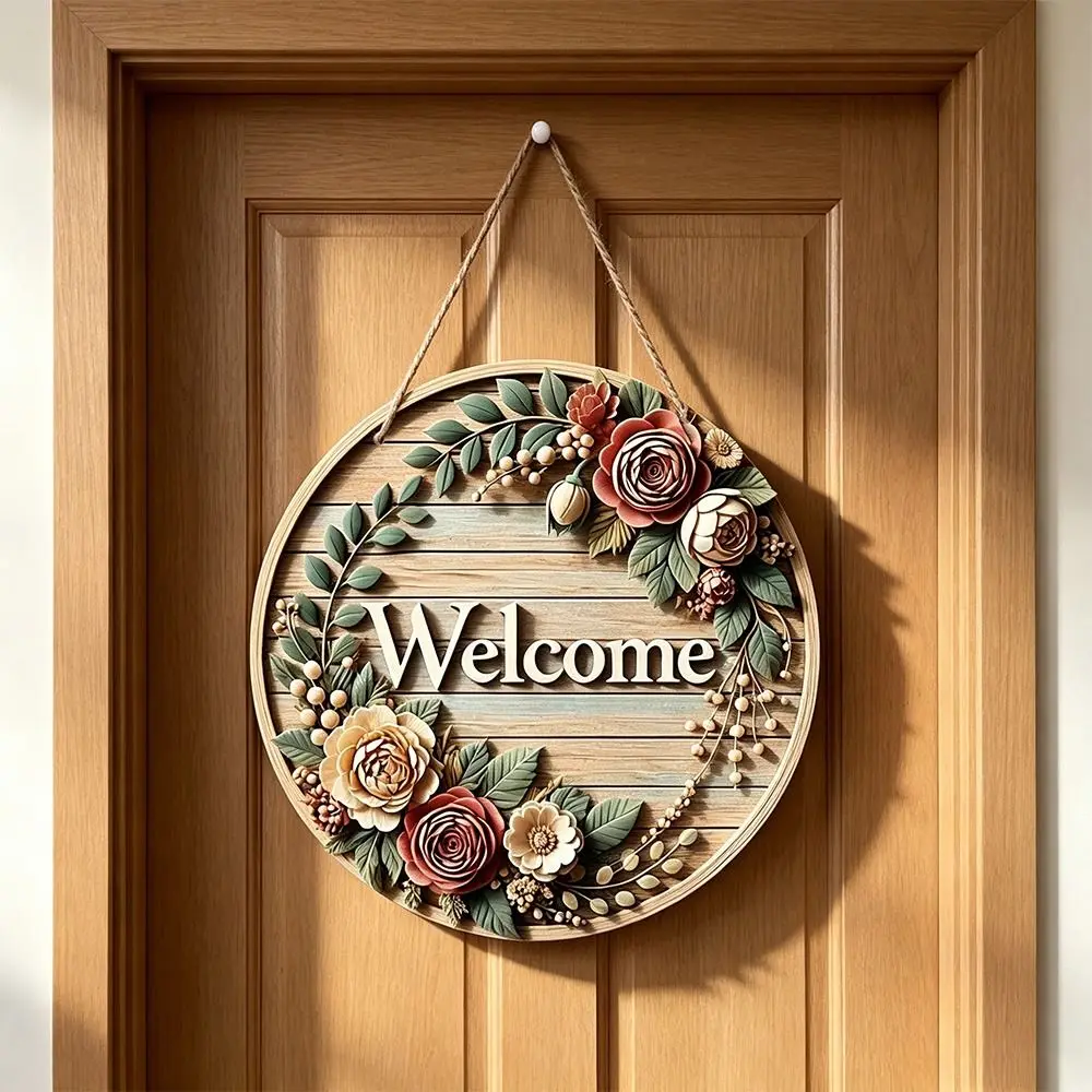 New 2D Flat 2D Round Welcome Sign Retro Style Floral Print Round Doorplate Cat Print Warm Home Wall Sign Front Door Decor