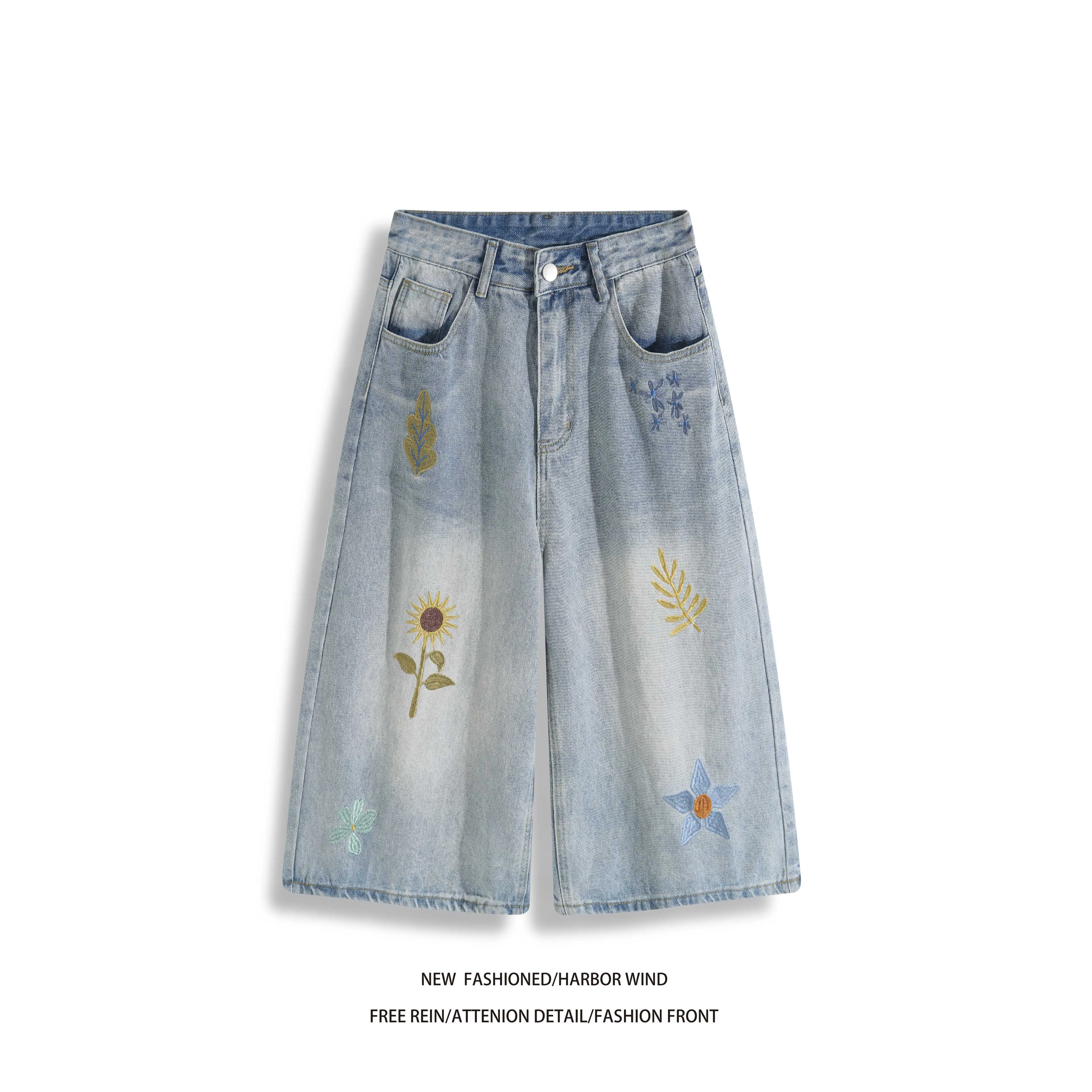 Retro Embroidered Design Loose Fit American Casual Summer Cropped Pants Men's Jeans Man Pants Street Style Denim Bottoms
