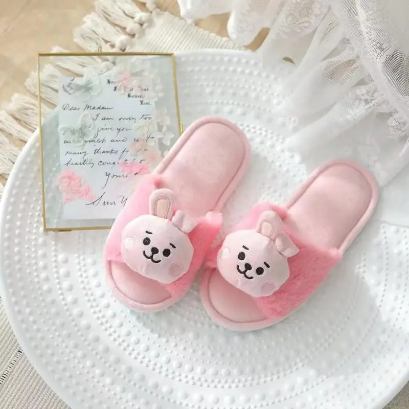 

Домашние нескользящие тапочки с рисунком аниме Bt21, открытые тапочки с носком, кавайный комплект для пар, домашние всесезонные универсальные хлопковые тапочки