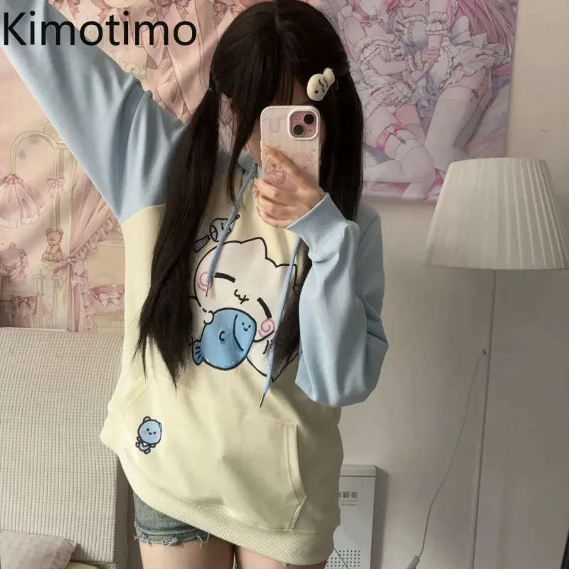 

Kimotimo Japanese Y2k Patchwork Long Sleeve Hoodie Women 2025 Autumn Cartoon Printed Loose Pocket Sweatshirt Sweet Casual Tops