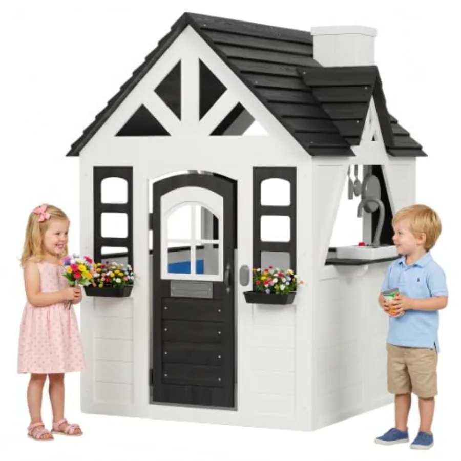 Outdoor wooden playhouse for kids ages 4-8 with play kitchen, pet door, snack bar, toy mail slot, flower pots, clock, blackboar