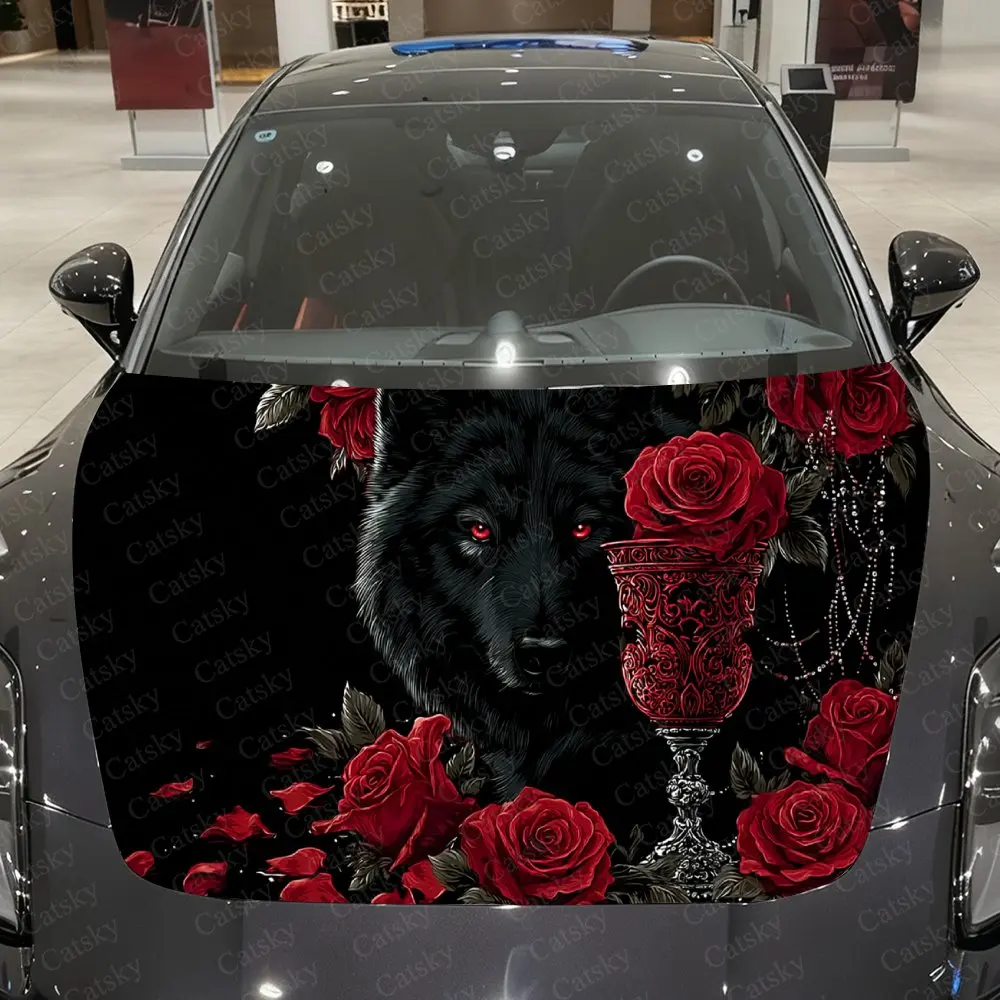 Rose Cluster & Black Wolf Car Vinyl Wrap, PVC Material Waterproof Car Hood Sticker, Self-Adhesive Scratch-Resistant Stickers