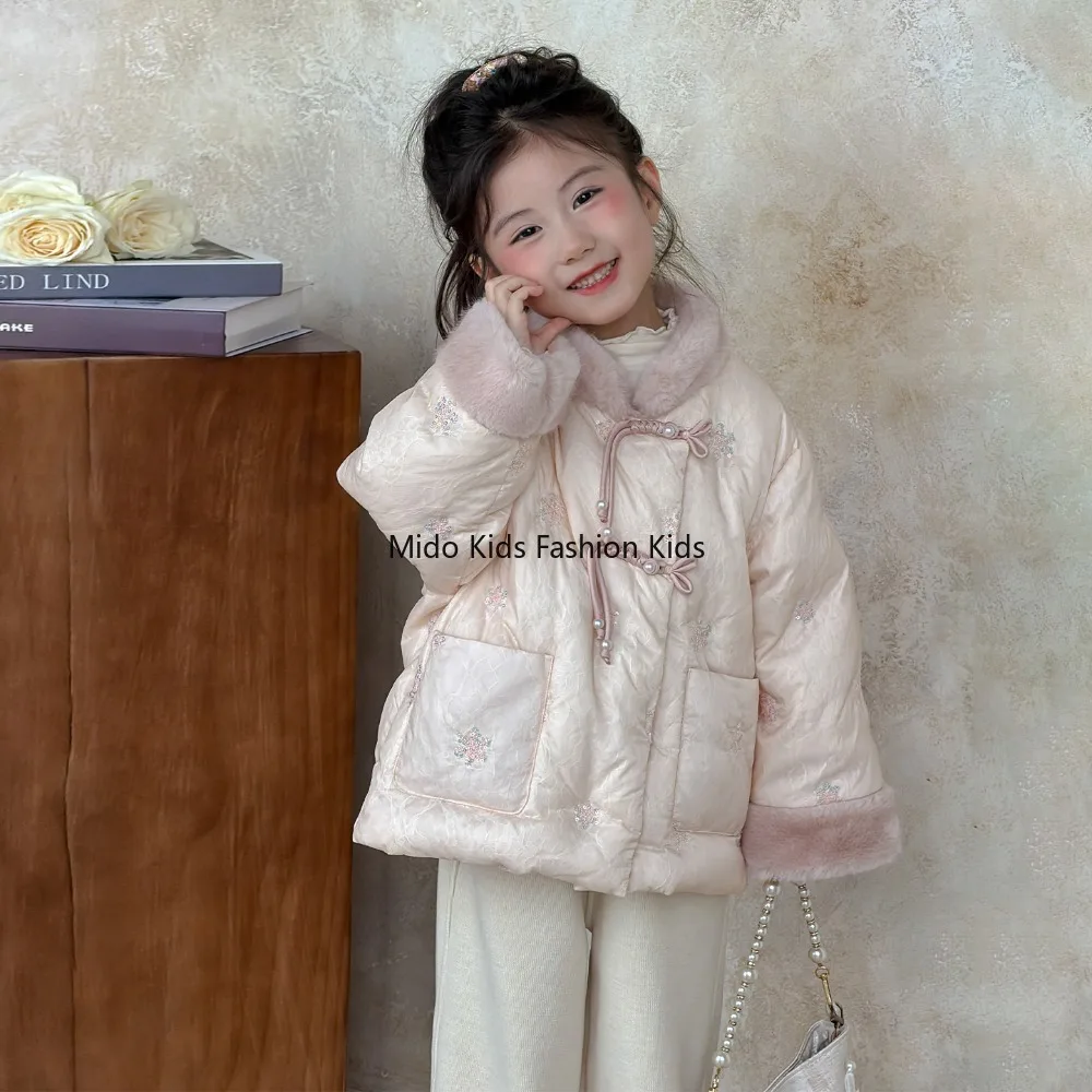 New style 1-12Y girls' down jacket stylish winter girls children's winter wear Chinese-style cotton-padded jacket 90-140cm