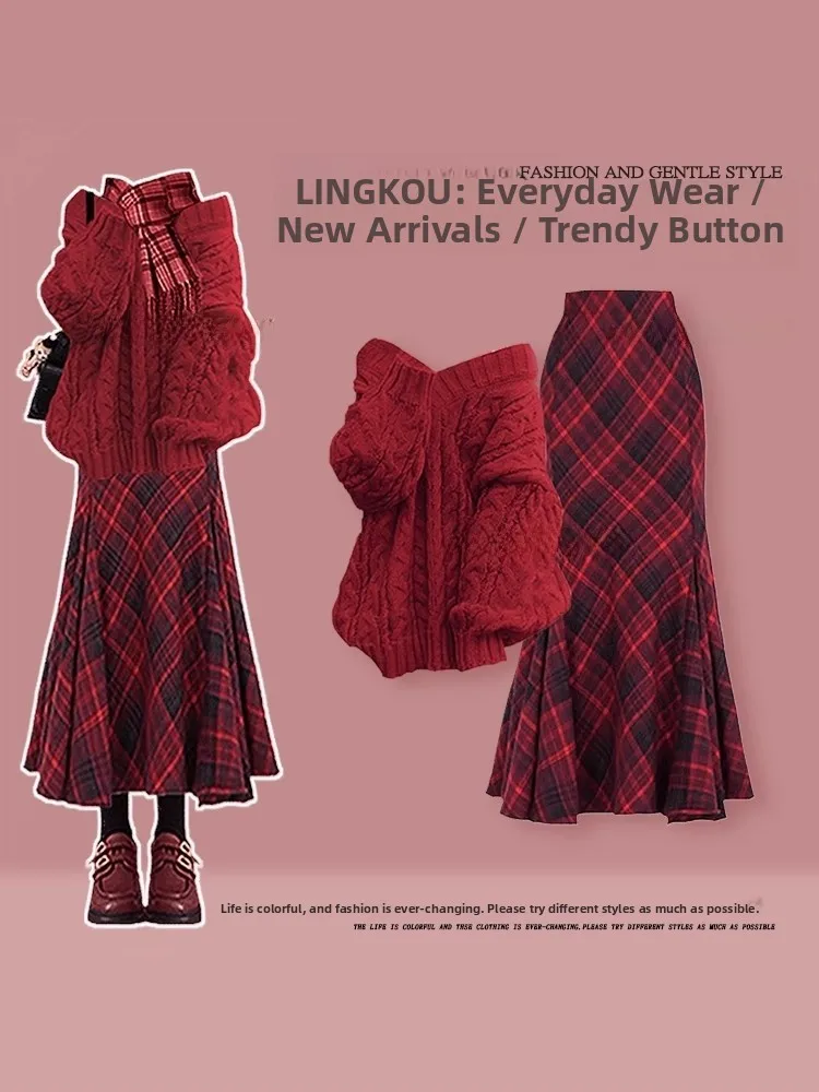 

Корейский вязаный свитер и клетчатая юбка с хвостом Fi, комплект из двух предметов для женщин, повседневная модная осенняя одежда средней длины