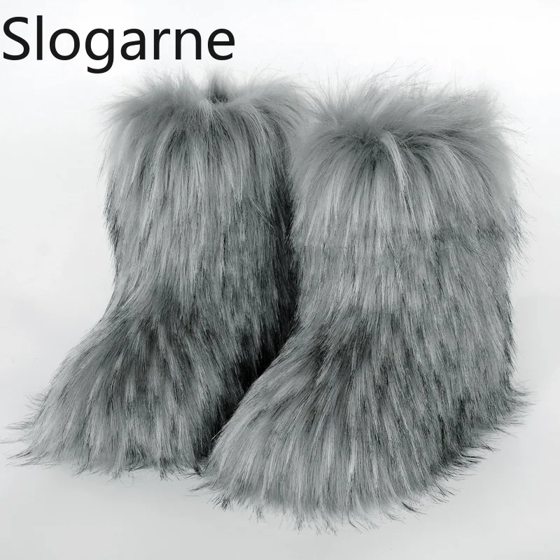 2024 Women Winter Fluffy Fur Boots Woman Furry Snow Boots Plush Warm Outdoor Footwear Girls Luxury Faux Fox Fur Platform Shoes
