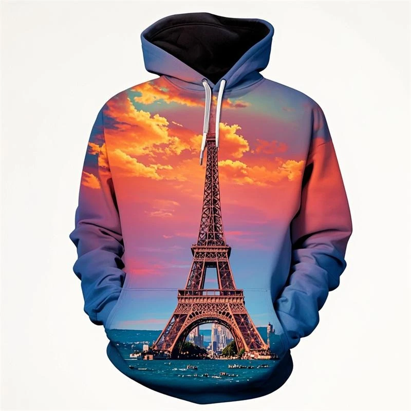 Eiffel Tower France Hoodie Men Women Long Sleeve  Pullover Sweatshirt Sunset Color 3D Printing Famous Symbol Hoodies Trend