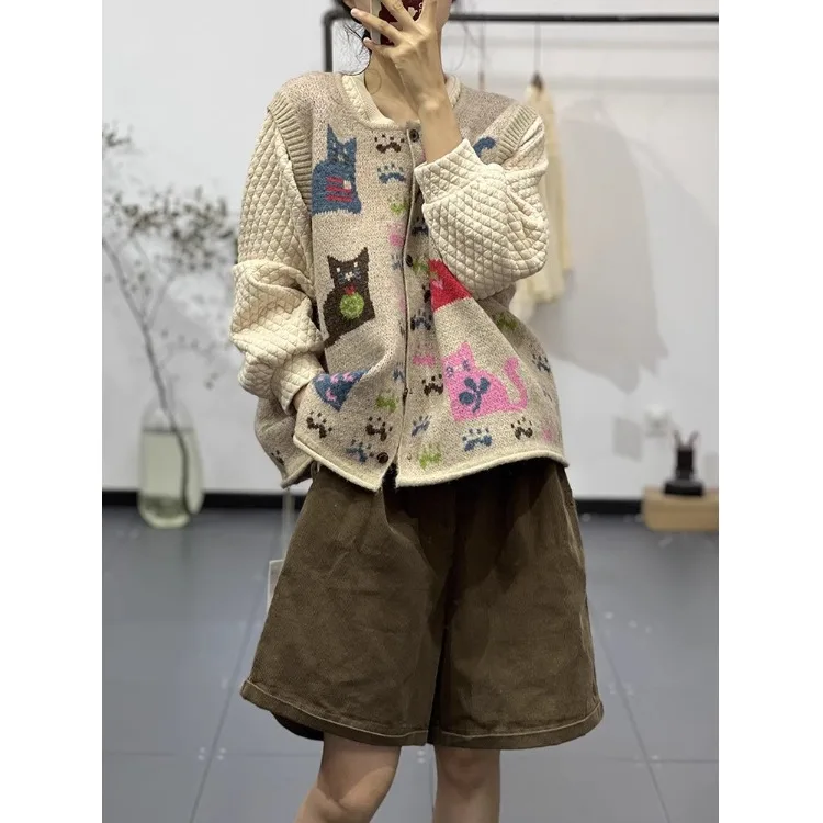 

Autumn Winter round Ne Knitted Loose Casual Slimming Cartoon Animal Open Cardigan Sweater Vest Women's Faion Commute Sle