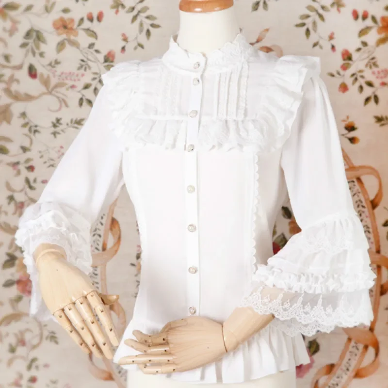 Sweet Lolita Chiffon Blouse with Lace Detailed Neckline Stand Collar Lace Flare Sleeve Women's Shirt