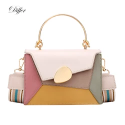 Contrast Color Square Flap Women Handbag Wide Strap Patchwork PU Leather Fashion Tote Lady Messenger Hasp Chain Crossbody Bag