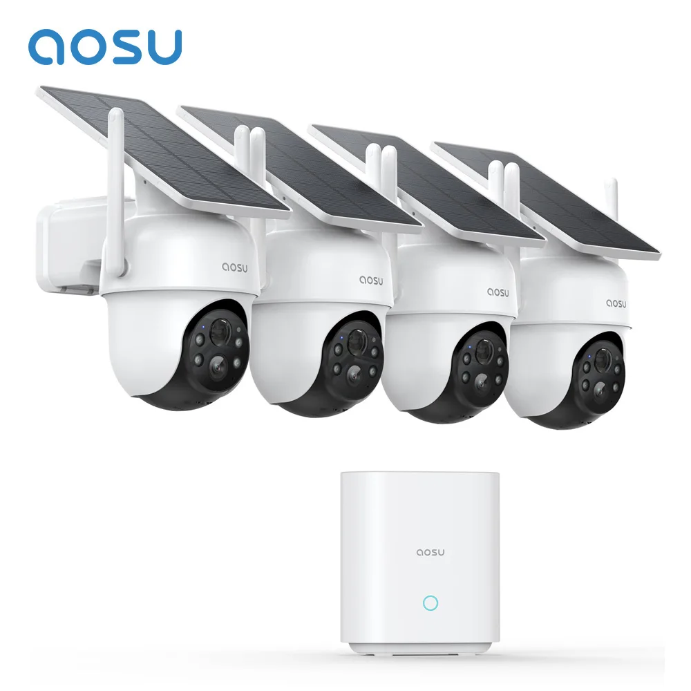 AOSU 3 MP camerasysteem op zonne-energie, 4 camerakit, draadloos 360 °   PTZ Surveillance Wifi Camera Set AI Detectie Ondersteuning Alex