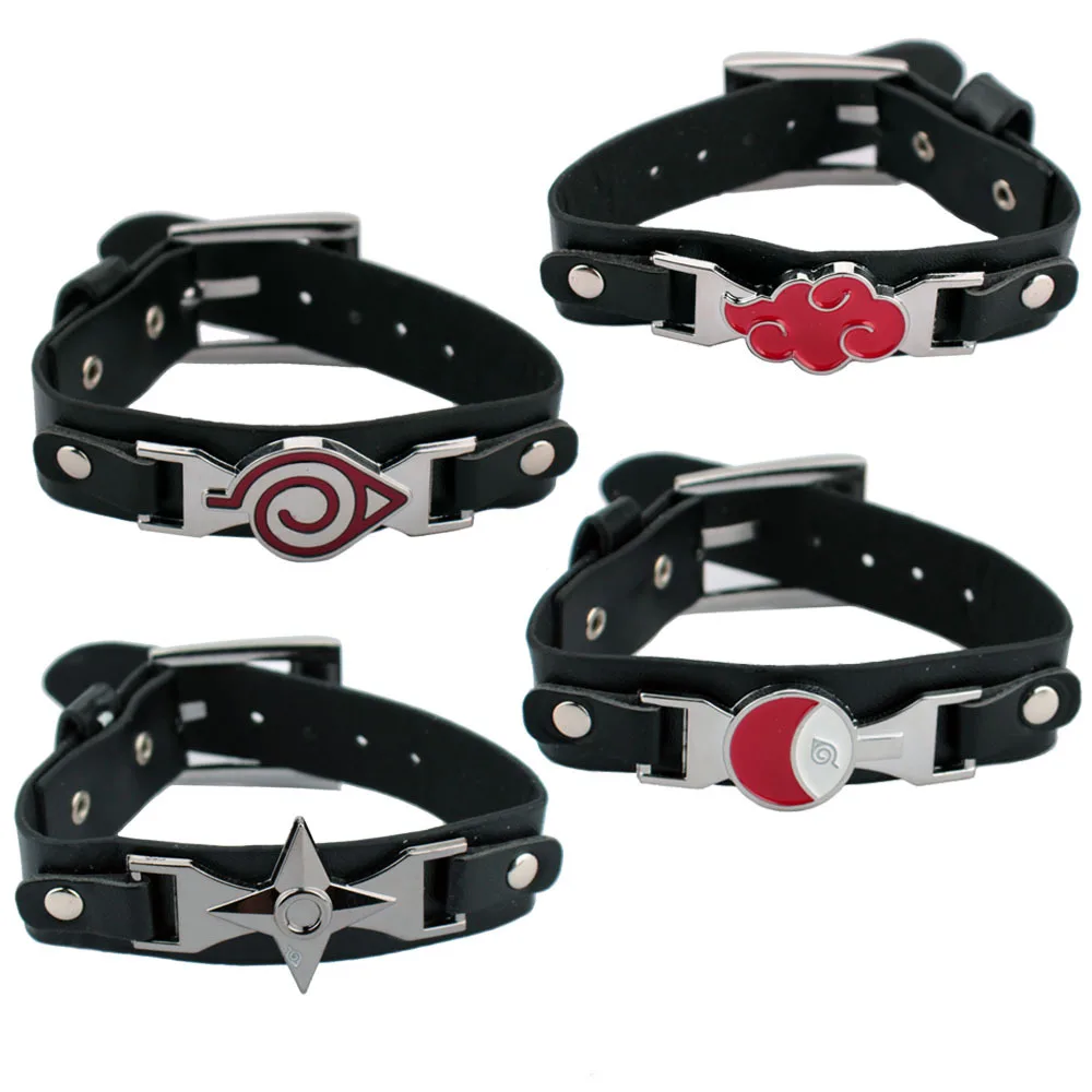 Narutos Konoha Red Cloud Black PU Leather Bracelet for Men Women Itachi Uchiha Clan Badge Darts Wristband Anime Fans Cos Jewelry