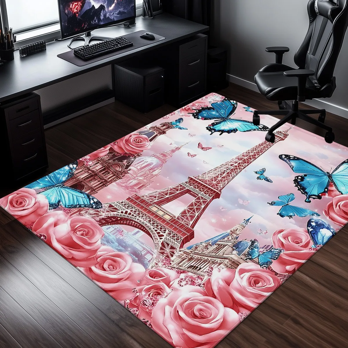

Романтический Париж Эйфелева башня Роза Бабочка Кристалл Бархатный ковер Гостиная Спальня Декор Мягкий противоскользящий напольный коврик Украшение дома