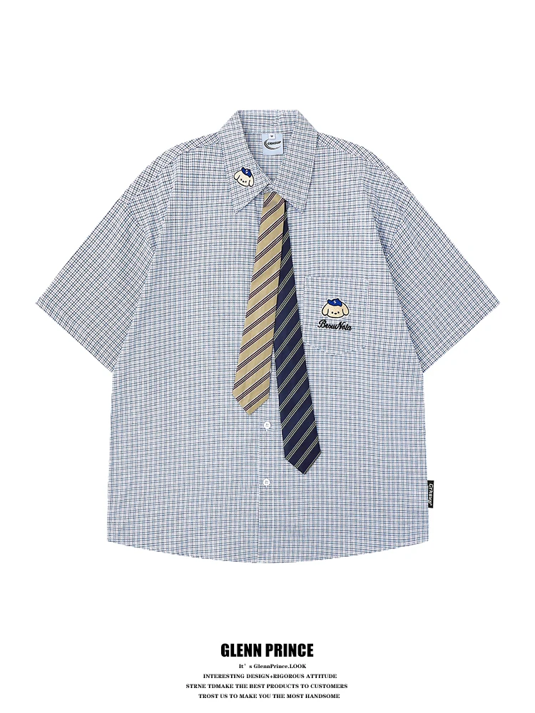 

GPstudio Japanese College Style Double Collar Plaid Shirt Men's Youthful Design Dog Embroidery Breathable Polyester Cotton Blend