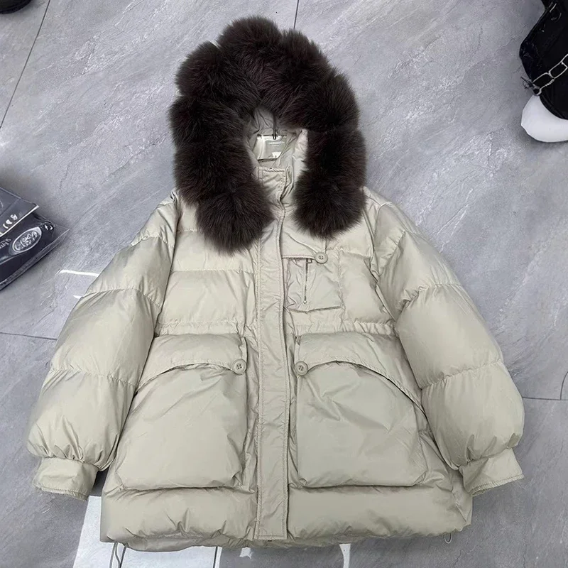 Women White Duck Down Hooded Parker Winter Natural Big Fur Collar Mid Length Down Jacket Outwear Female Zipper Warm Thick Jacket
