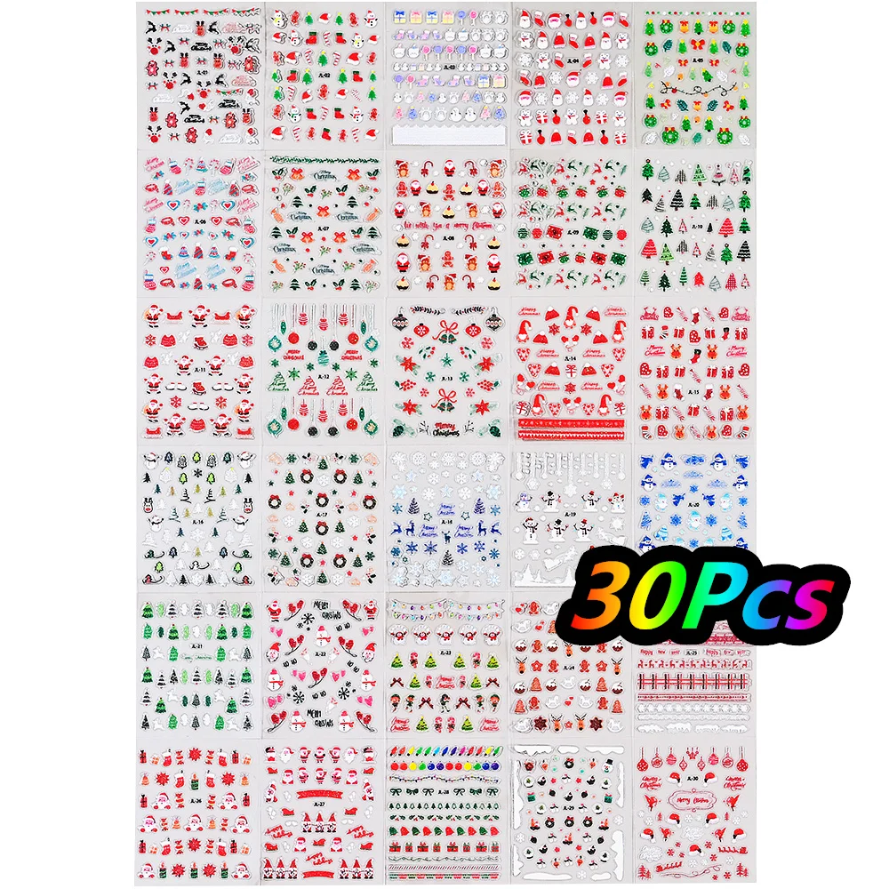 30 sztuk boże narodzenie tłoczony brokat 5D naklejki do paznokci 6*5cm łoś płatek śniegu niedźwiedź SnowMan Xmas naklejki zimowy Manicure brokatowe naklejki