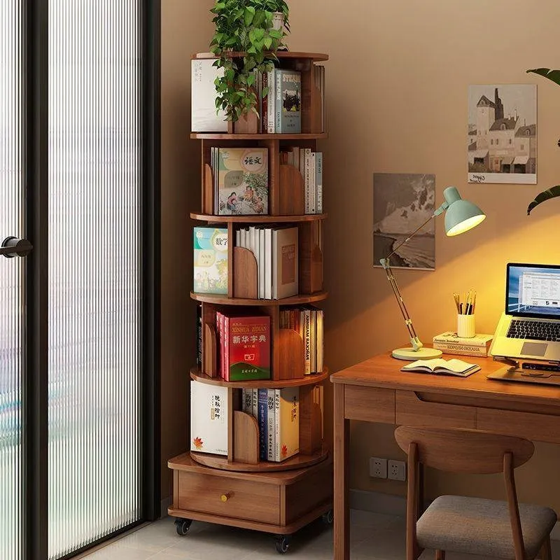 360° Rotatable Bookshelf  Against Wall Children Book Rack Mobile Cabinet Space-saving Storage Shelf Log Simple Style Furniture