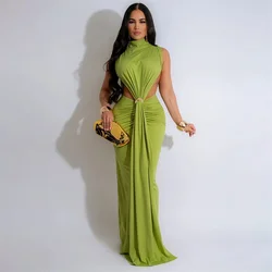 Summer High Neck Sleeveless Women Sexy Maxi Party Dresses Side Split Ruched Evening Night Club Slim Long Dress Vestidos De Mujer