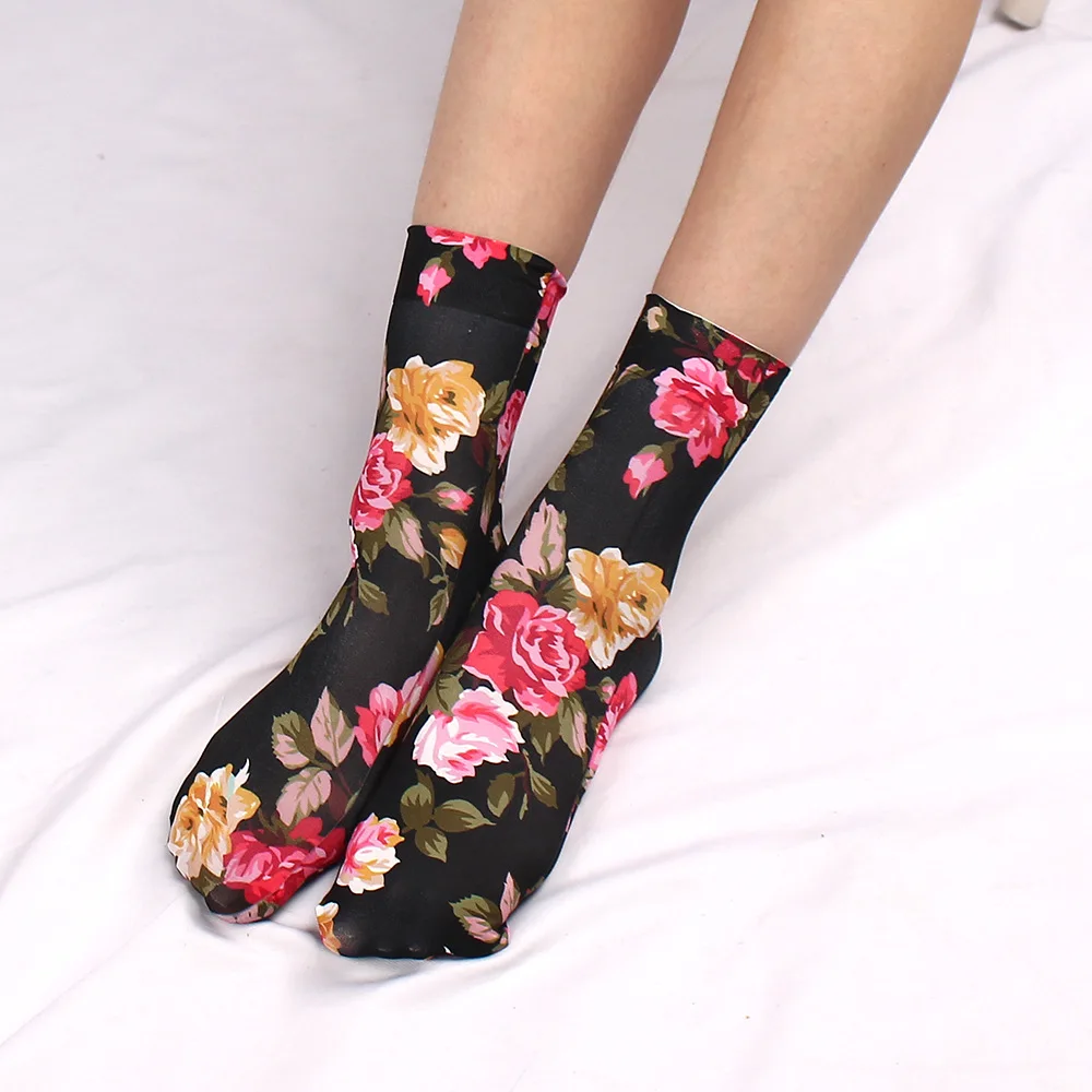 1 Pc Leopard Large Flower Print Short Socks Summer Single Shoes Short Stockings High Elastic Comfortable Breathable Ultra-thin